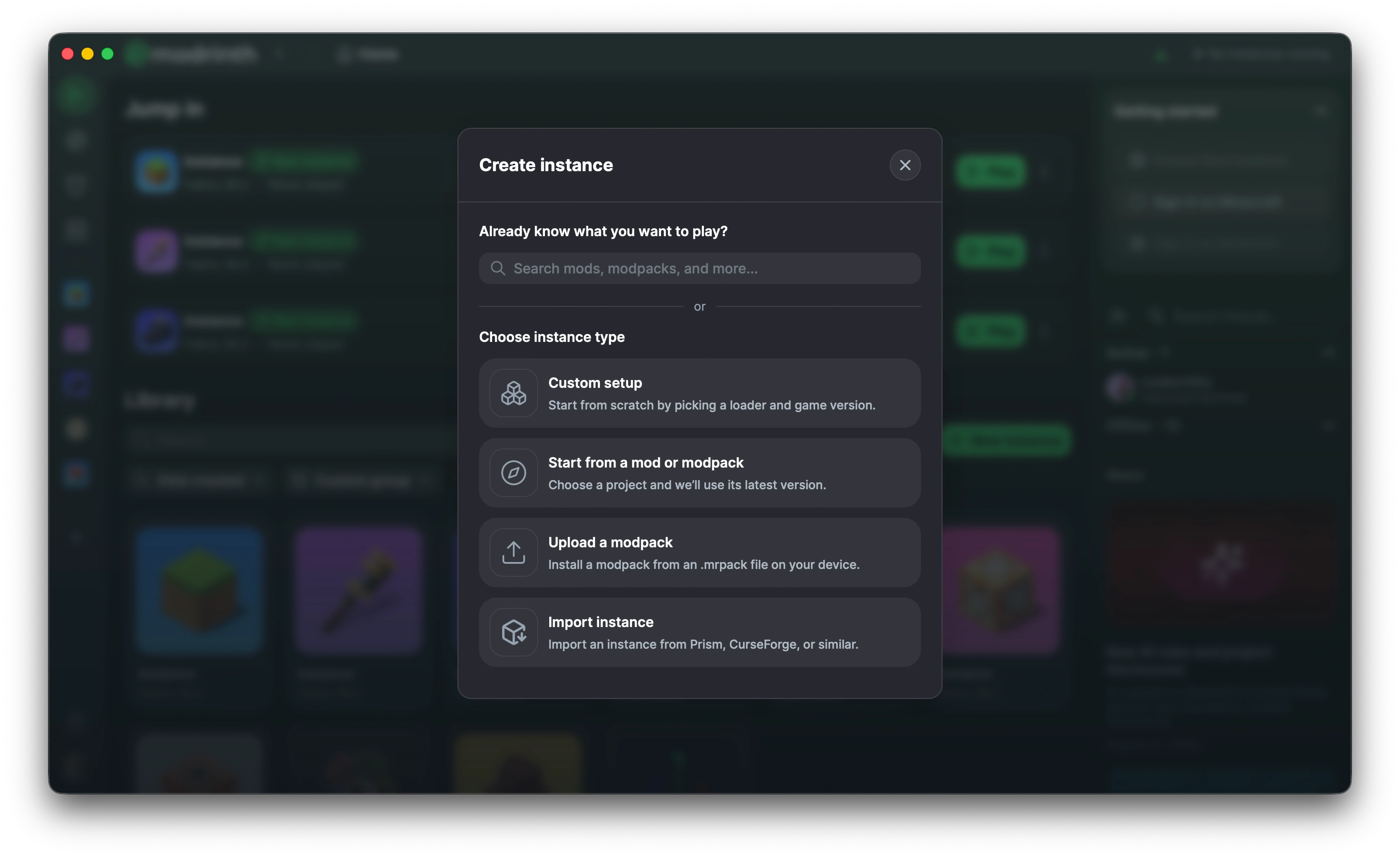 The updated instance creation menu, with a search bar to browse for content and four options to create a custom instance, go to the full discover page, upload a .mrpack, or import from another launcher.